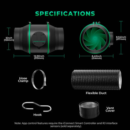 2025 Mars Hydro 4'' 6'' Smart Ifresh Inline Fan Ducting Ventilation Kits with Carbon Filter for Grow Tent Kits