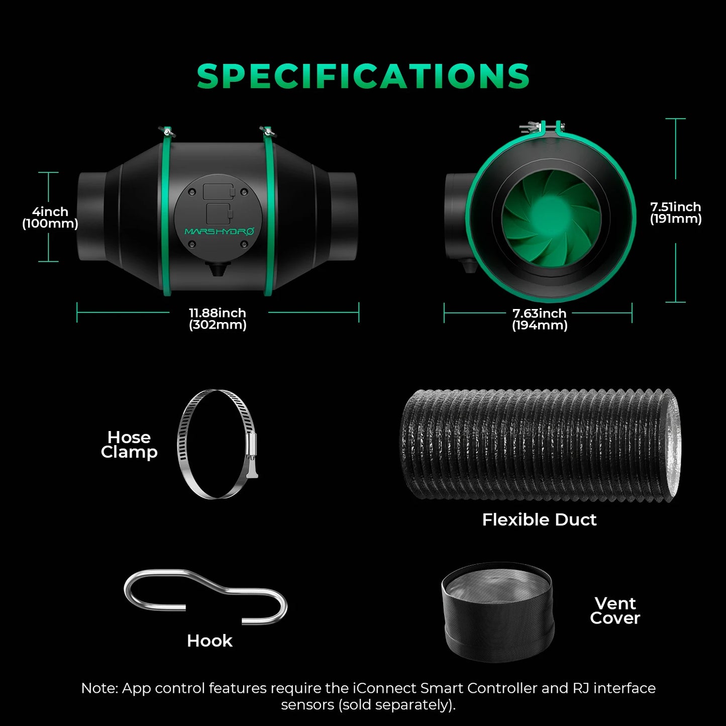 2025 Mars Hydro 4'' 6'' Smart Ifresh Inline Fan Ducting Ventilation Kits with Carbon Filter for Grow Tent Kits