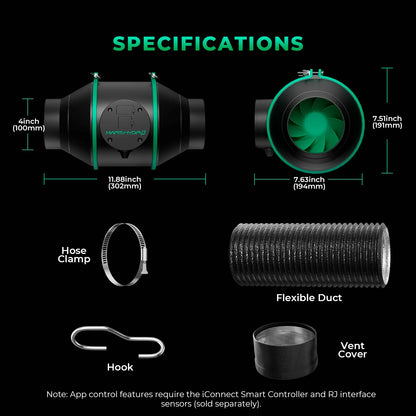 2025 Mars Hydro 4'' 6'' Smart Ifresh Inline Fan Ducting Ventilation Kits with Carbon Filter for Grow Tent Kits